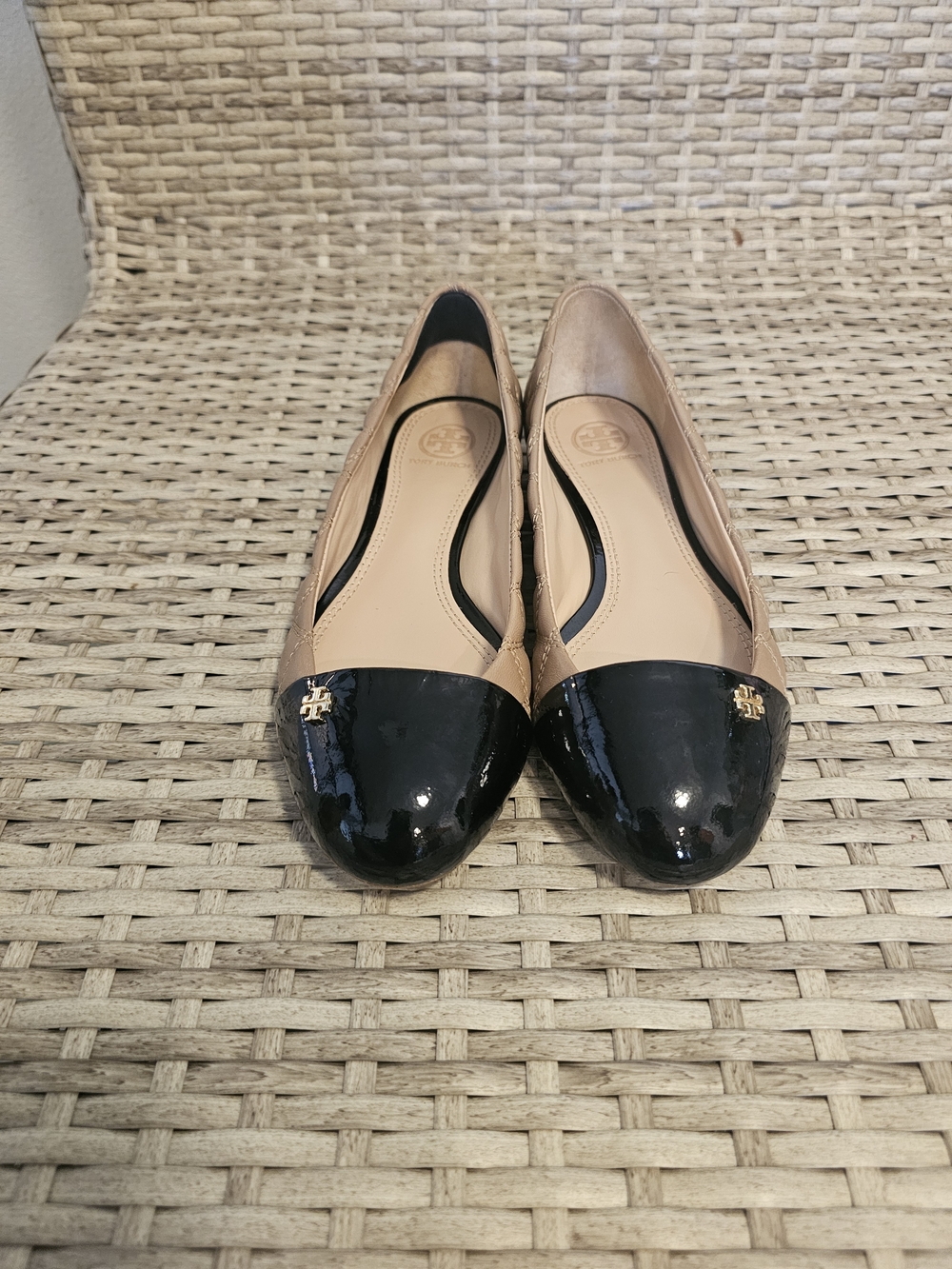 Tory Burch Two-Tone Patent Cap-Toe Flats in Beige and Black